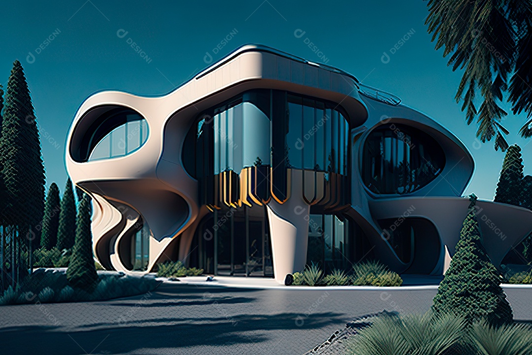 Vila 3D estilo sonhador imaginário retrô futurista casa moderna