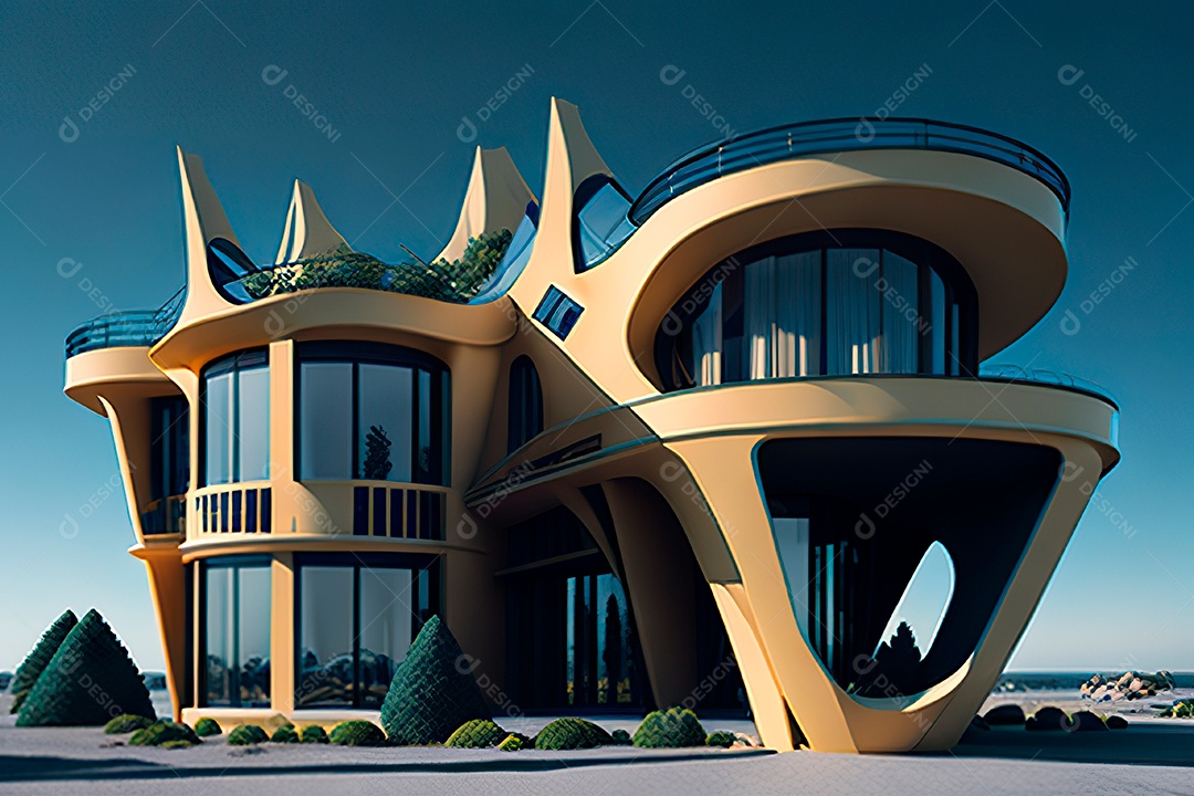 Vila 3D estilo sonhador imaginário retrô futurista casa moderna