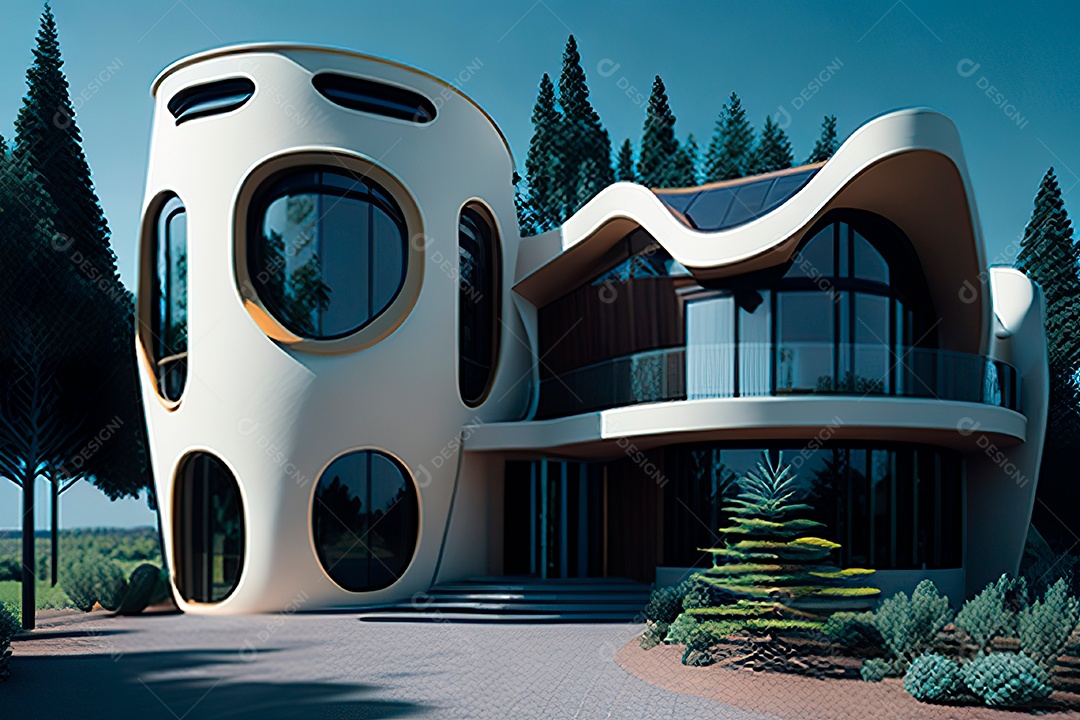 Vila 3D estilo sonhador imaginário retrô futurista casa moderna