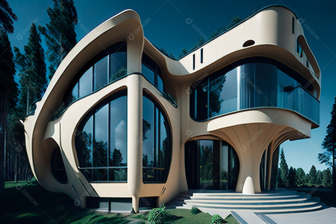 Vila 3D estilo sonhador imaginário retrô futurista casa moderna