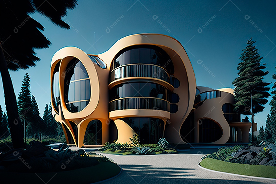 Vila 3D estilo sonhador imaginário retrô futurista casa moderna