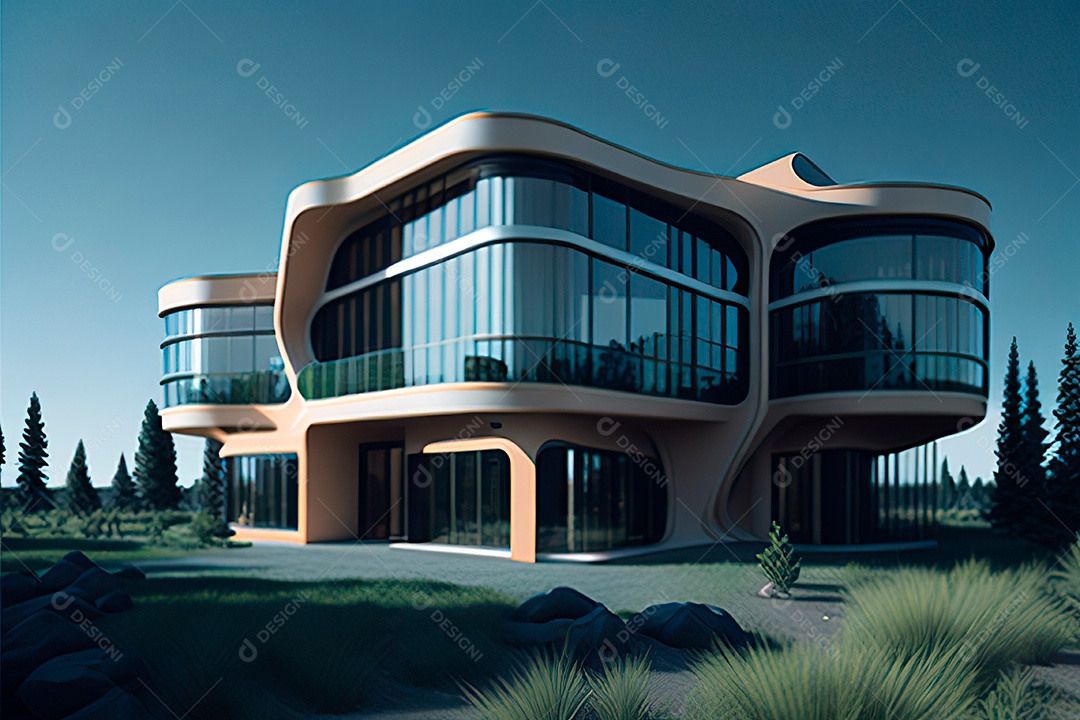 Vila 3D estilo sonhador imaginário retrô futurista casa moderna