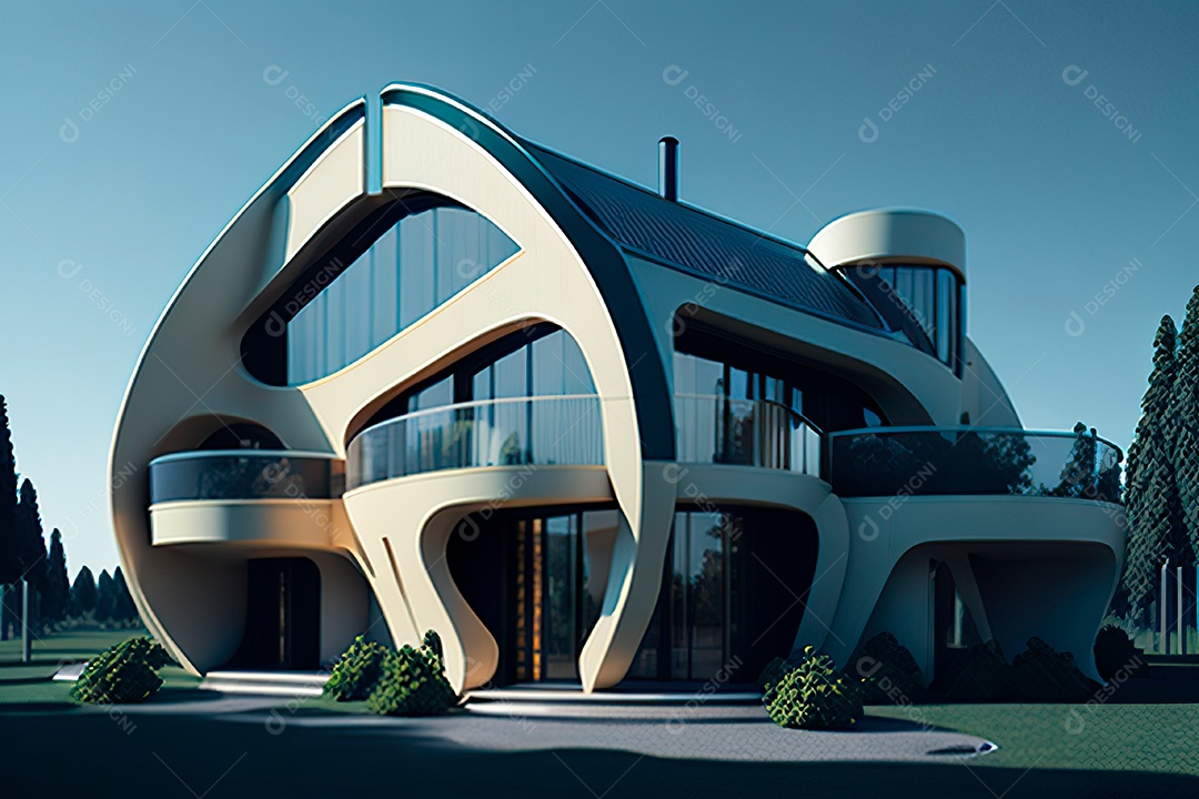 Vila 3D estilo sonhador imaginário retrô futurista casa moderna