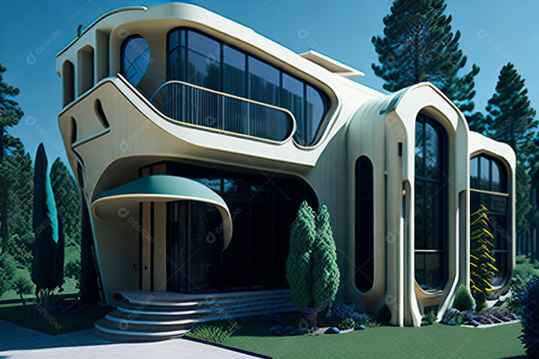 Vila 3D estilo sonhador imaginário retrô futurista casa moderna