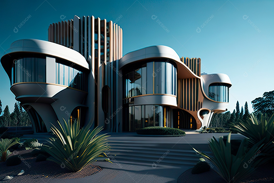 Vila 3D estilo sonhador imaginário retrô futurista casa moderna