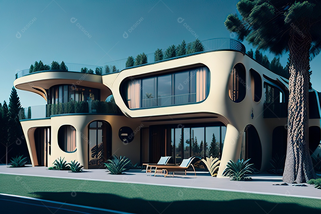Vila 3D estilo sonhador imaginário retrô futurista casa moderna