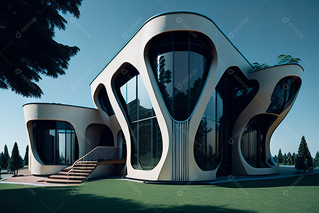 Vila 3D estilo sonhador imaginário retrô futurista casa moderna