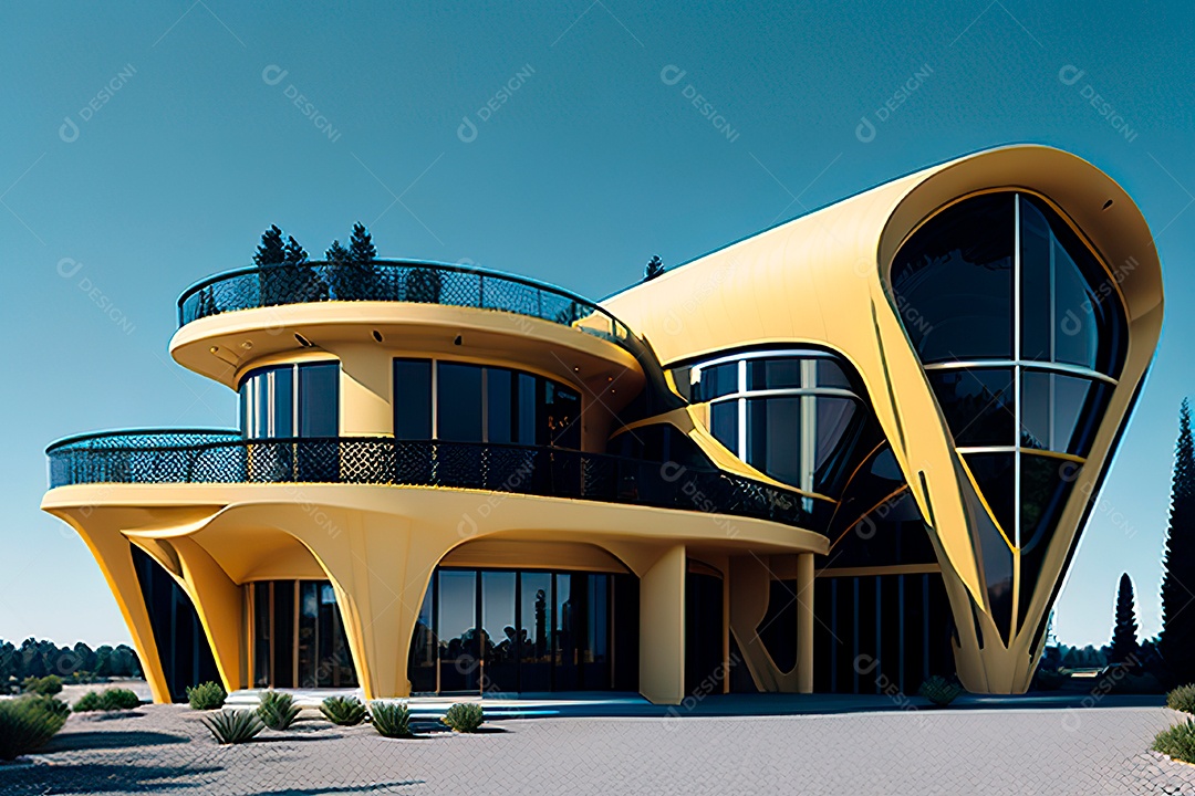 Vila 3D estilo sonhador imaginário retrô futurista casa moderna