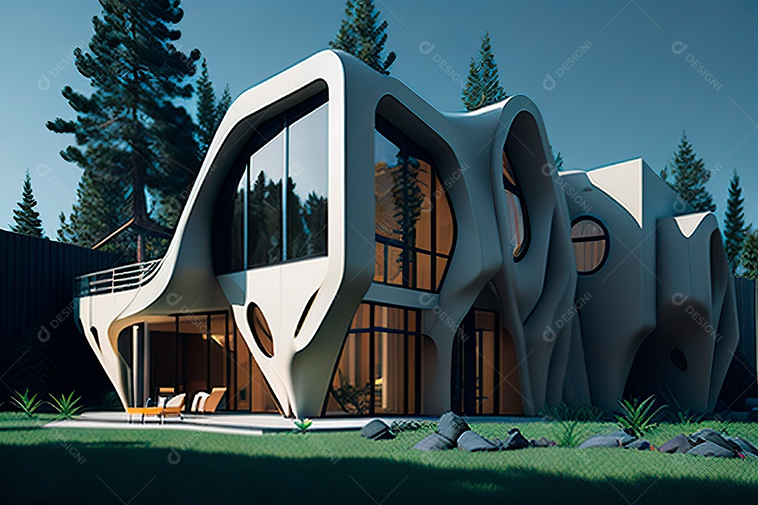 Vila 3D estilo sonhador imaginário retrô futurista casa moderna