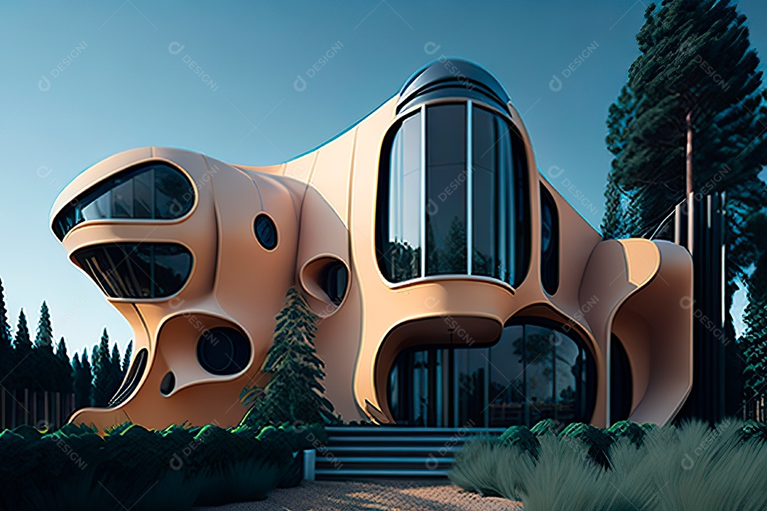 Vila 3D estilo sonhador imaginário retrô futurista casa moderna