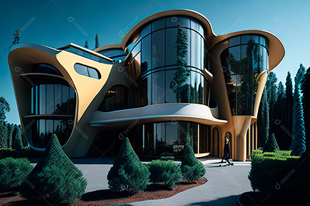 Vila 3D estilo sonhador imaginário retrô futurista casa moderna