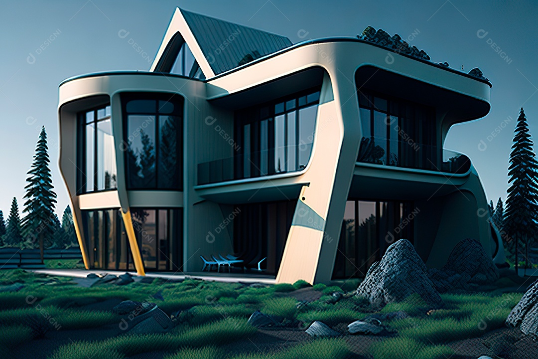 Vila 3D estilo sonhador imaginário retrô futurista casa moderna