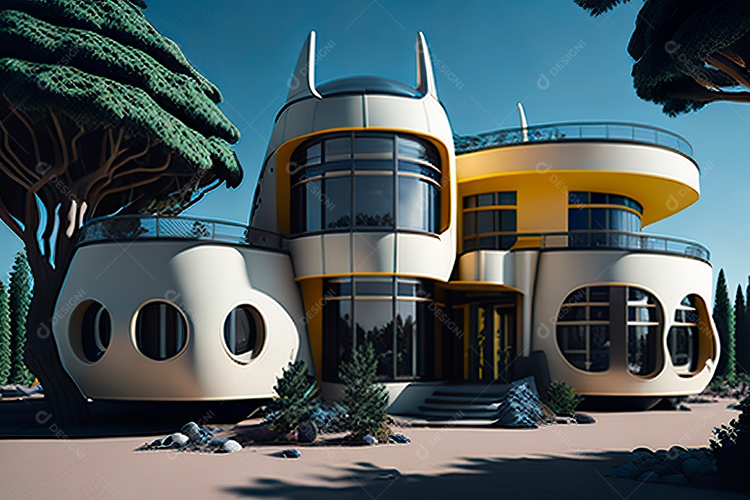 Vila 3D estilo sonhador imaginário retrô futurista casa moderna