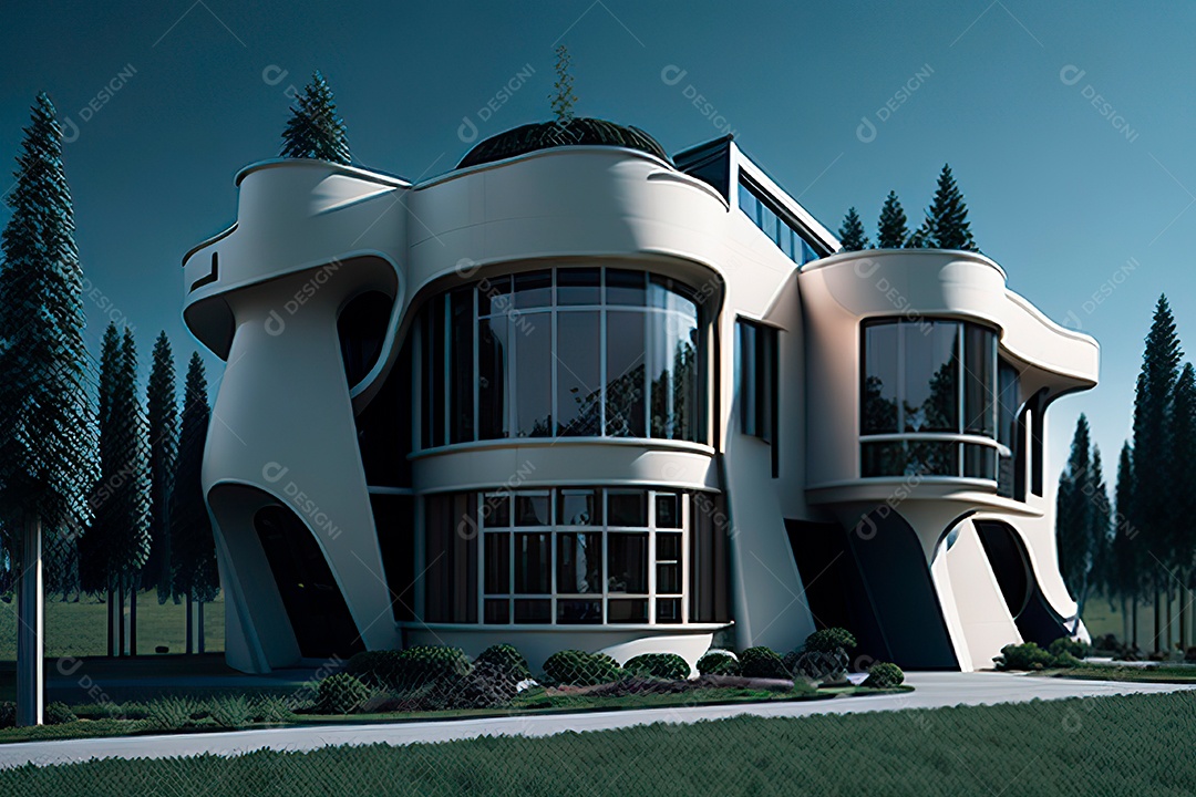 Vila 3D estilo sonhador imaginário retrô futurista casa moderna