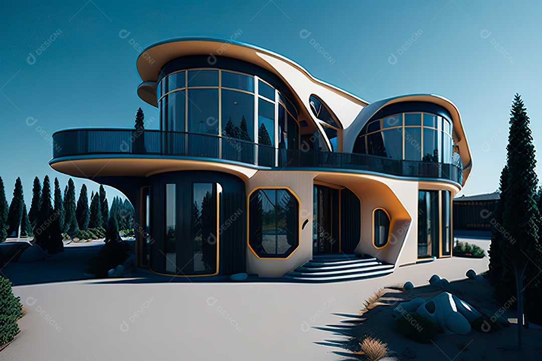Vila 3D estilo sonhador imaginário retrô futurista casa moderna