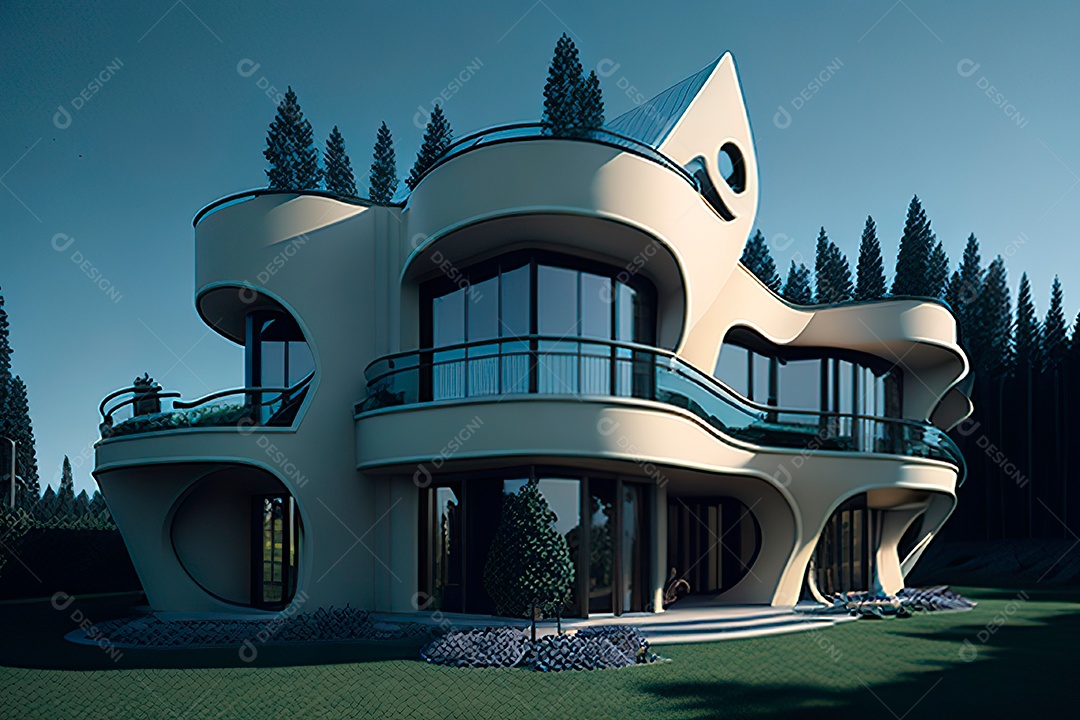 Vila 3D estilo sonhador imaginário retrô futurista casa moderna