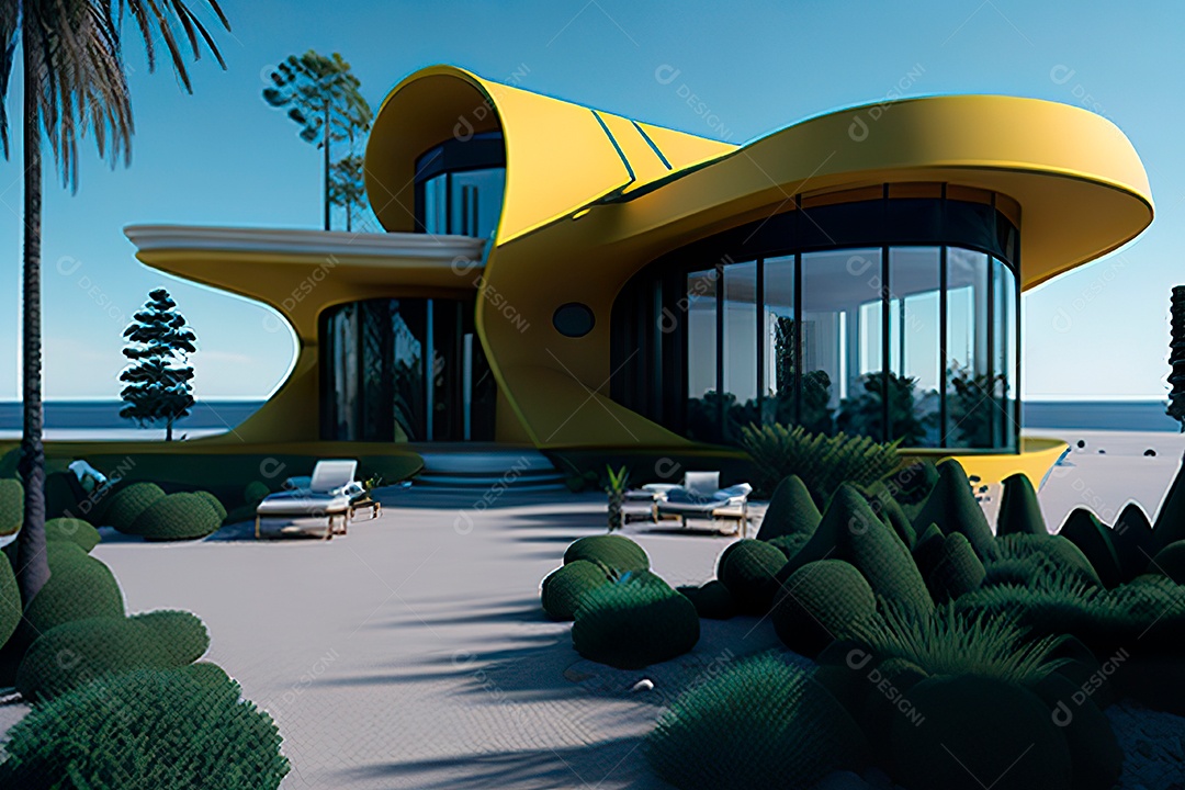 Vila 3D estilo sonhador imaginário retrô futurista casa moderna