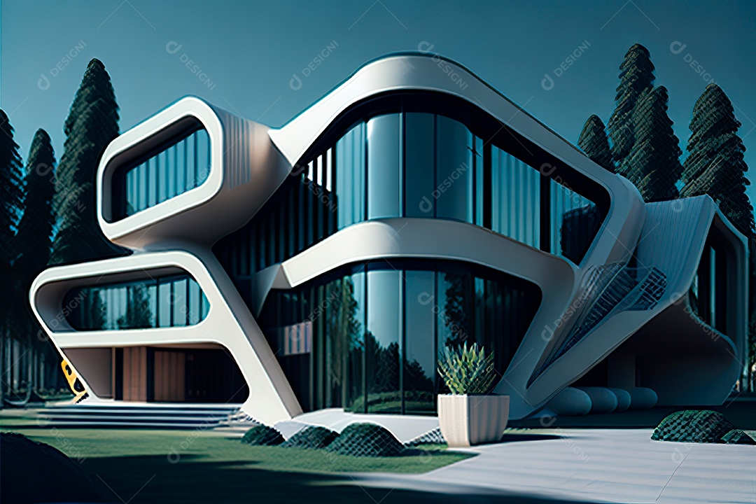 Vila 3D estilo sonhador imaginário retrô futurista casa moderna