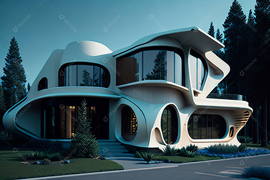 Vila 3D estilo sonhador imaginário retrô futurista casa moderna
