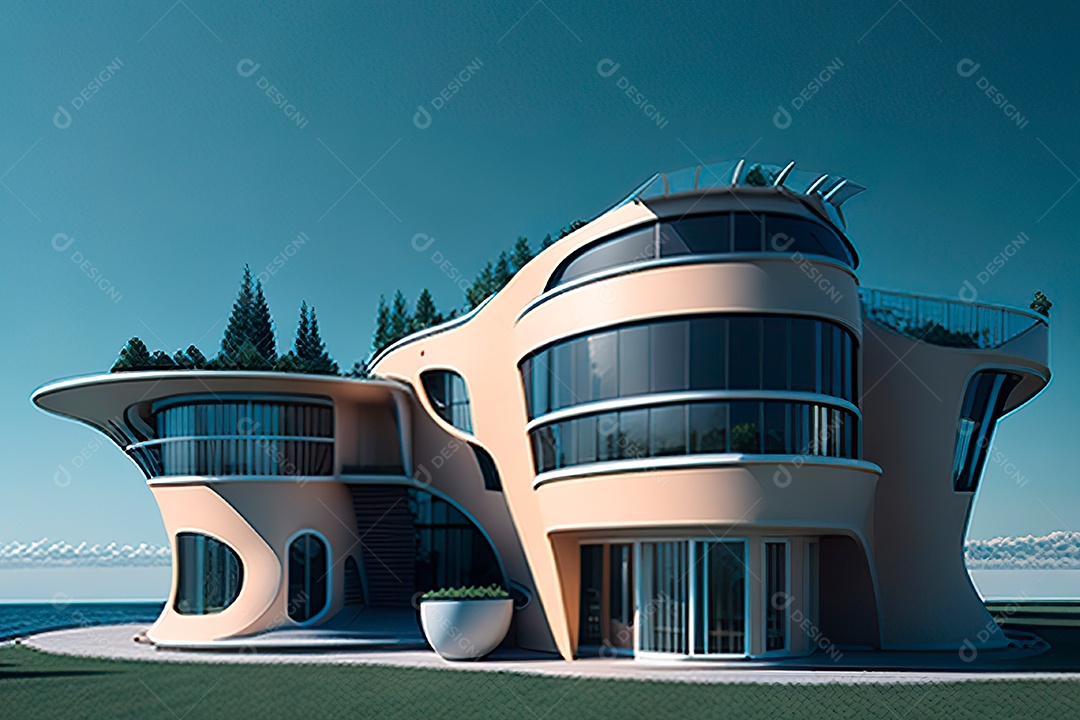 Vila 3D estilo sonhador imaginário retrô futurista casa moderna