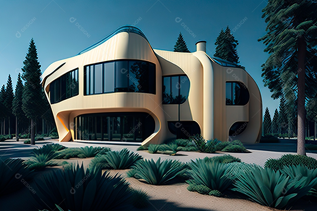 Vila 3D estilo sonhador imaginário retrô futurista casa moderna
