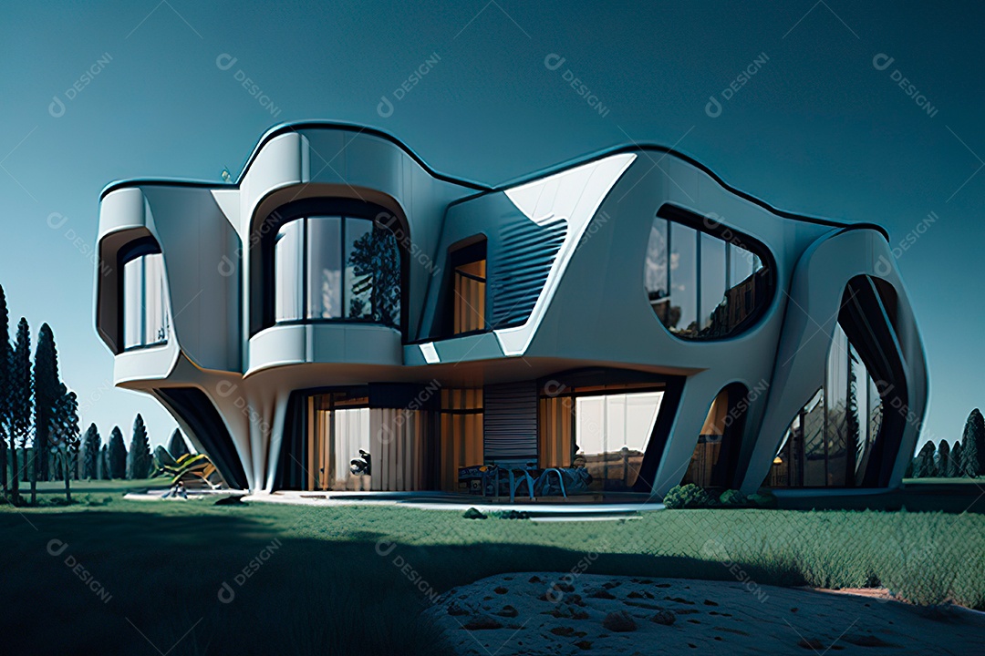 Vila 3D estilo sonhador imaginário retrô futurista casa moderna