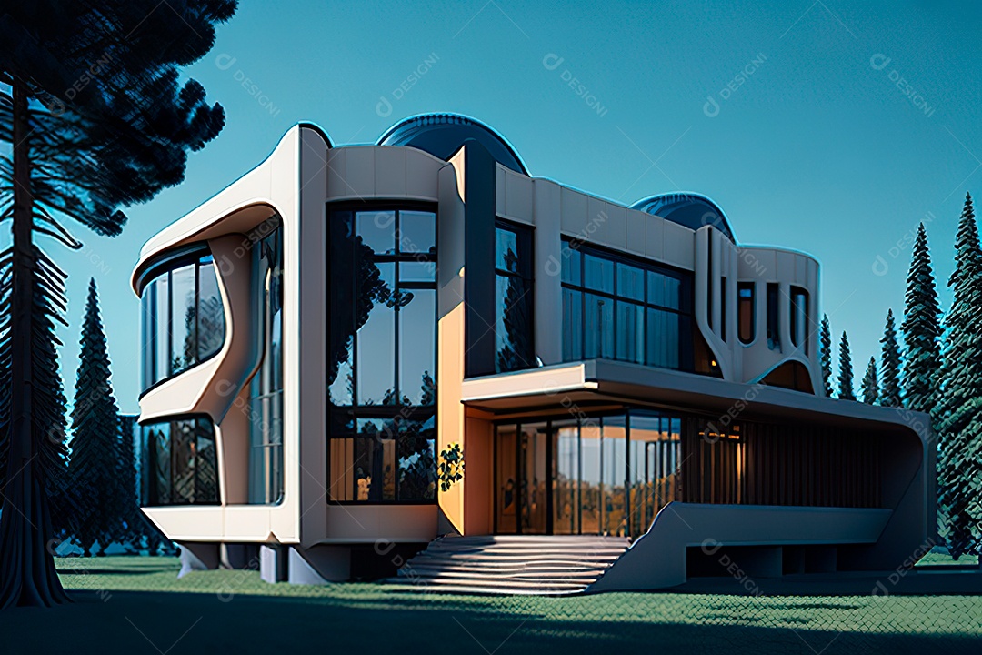Vila 3D estilo sonhador imaginário retrô futurista casa moderna