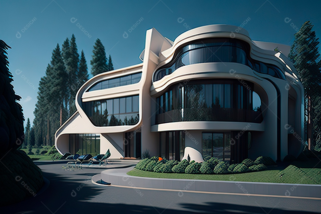 Vila 3D estilo sonhador imaginário retrô futurista casa moderna