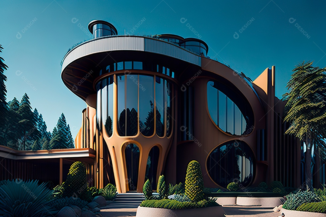 Vila 3D estilo sonhador imaginário retrô futurista casa moderna