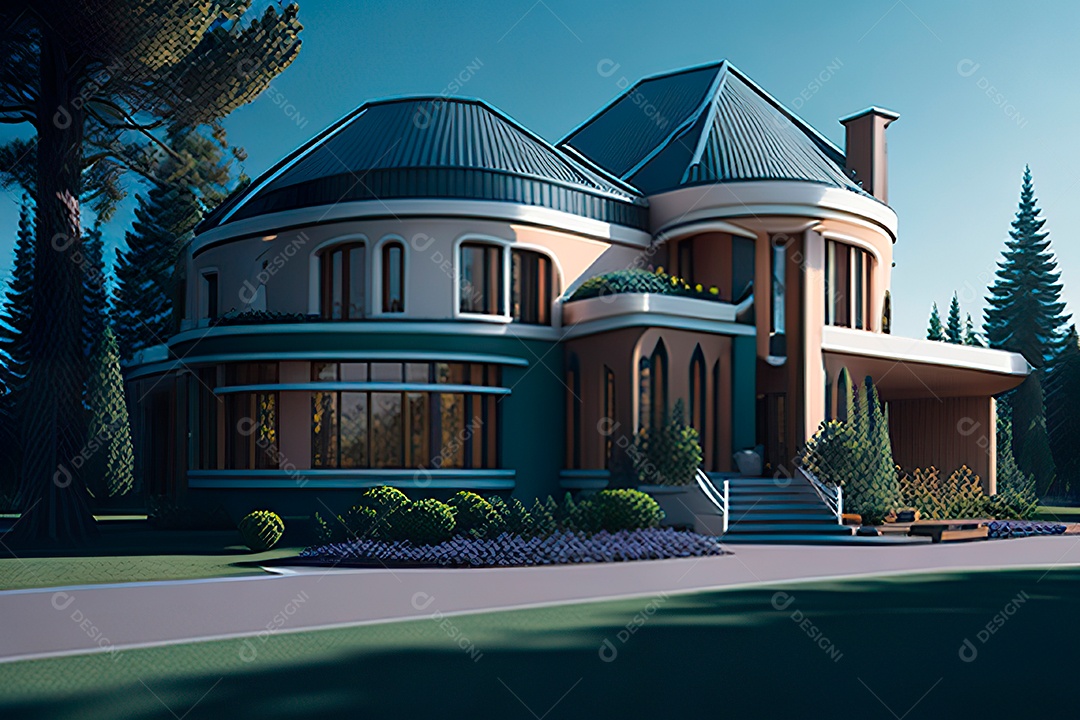 Vila 3D estilo sonhador imaginário retrô futurista casa moderna