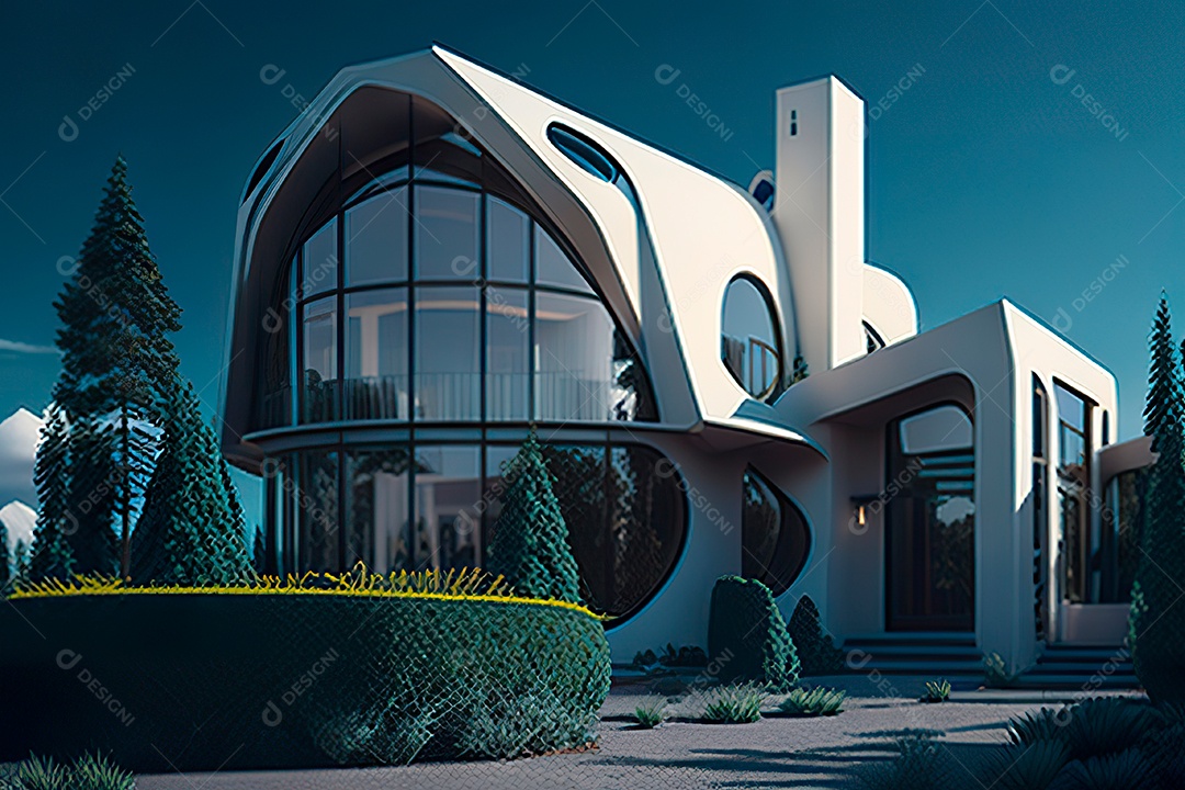 Vila 3D estilo sonhador imaginário retrô futurista casa moderna