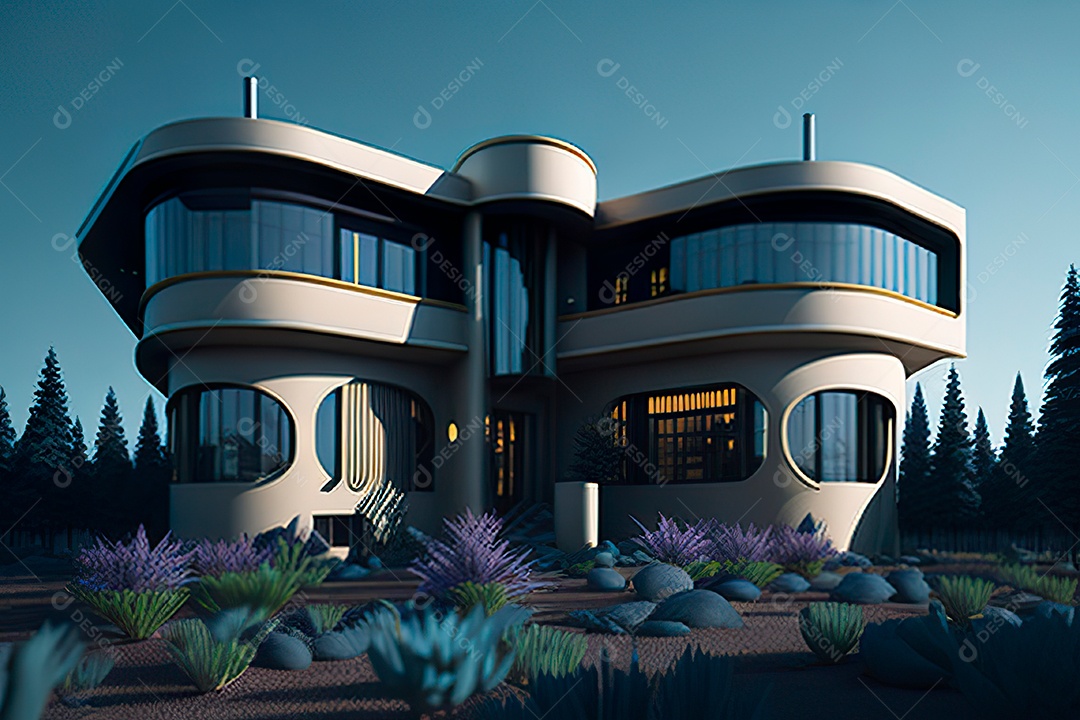 Vila 3D estilo sonhador imaginário retrô futurista casa moderna