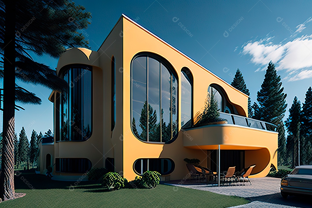 Vila 3D estilo sonhador imaginário retrô futurista casa moderna