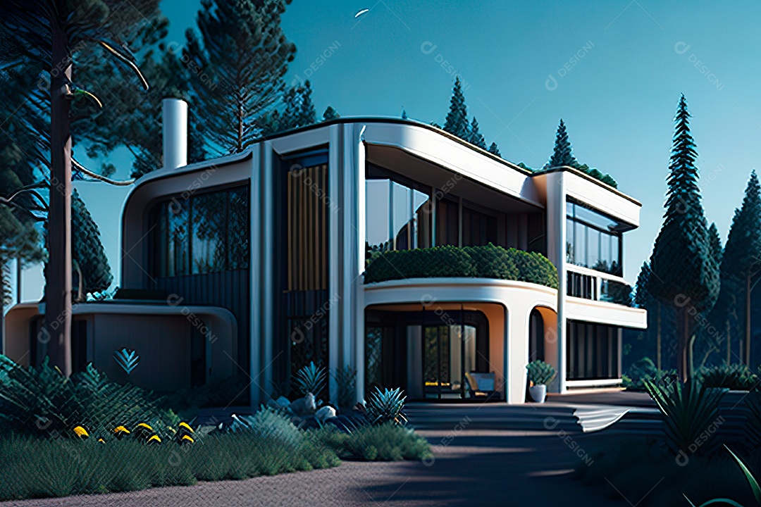 Vila 3D estilo sonhador imaginário retrô futurista casa moderna