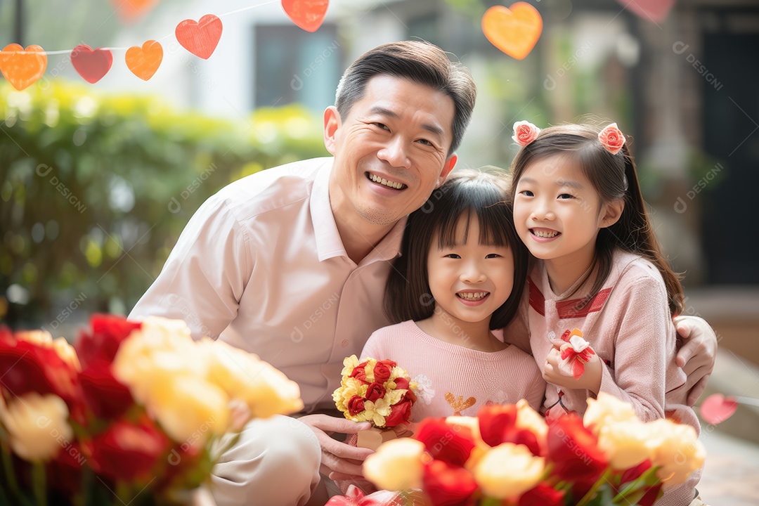 Pai e filhas juntos felizes