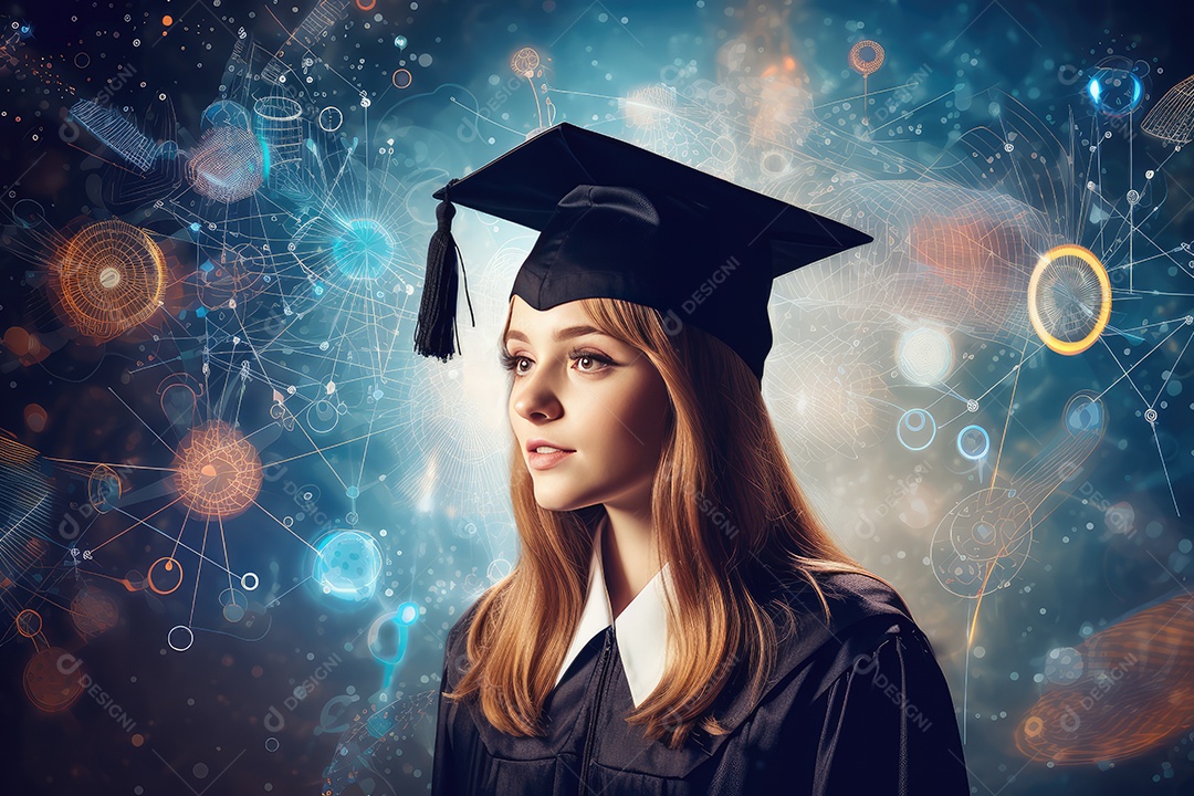 Jovem com chapéu de formatura fundo tecnologia
