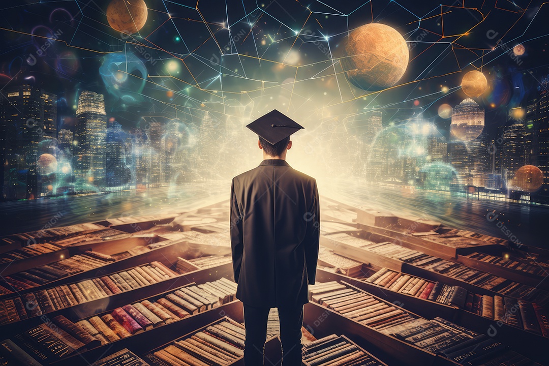 Jovem com chapéu de formatura fundo tecnologia