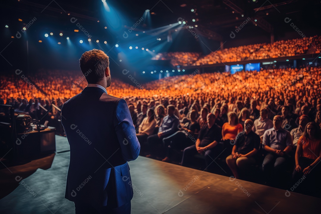 Palestrante se apresentando no palco com holofotes conversando com muitas pessoas na platéia, profissional de eventos