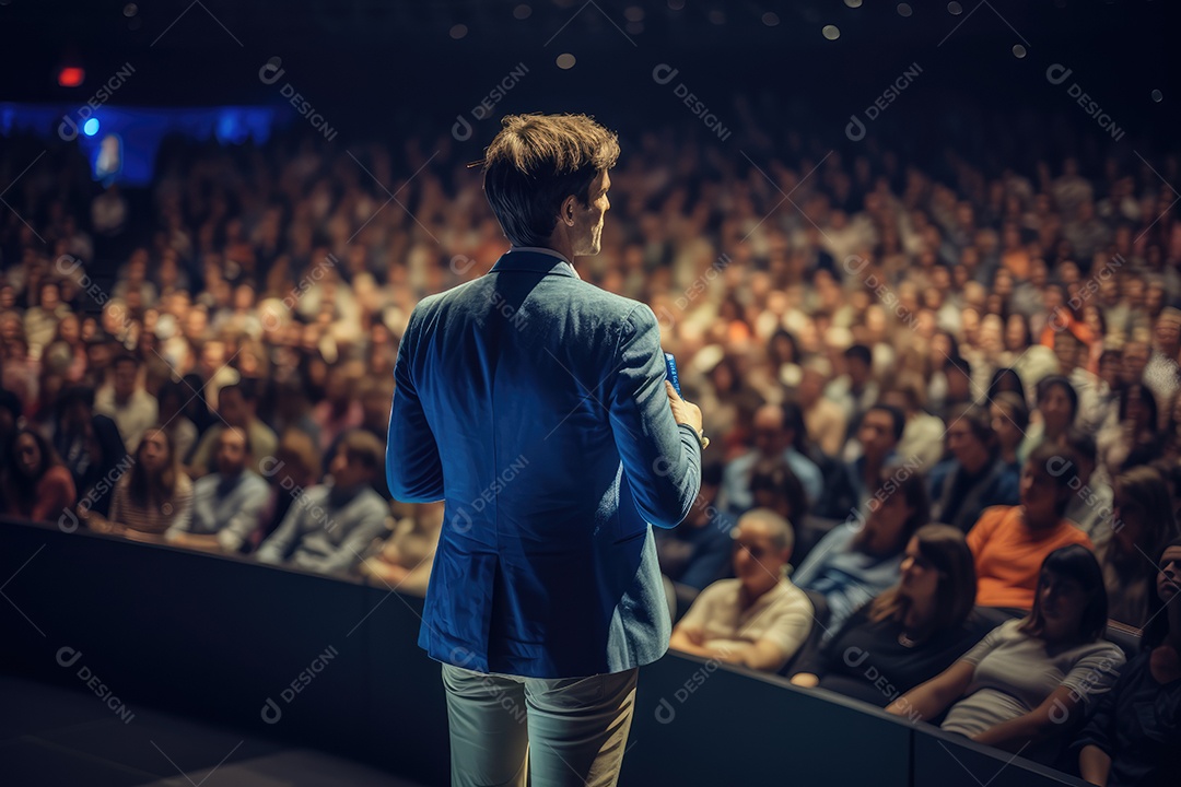 Palestrante se apresentando no palco com holofotes conversando com muitas pessoas na platéia, profissional de eventos
