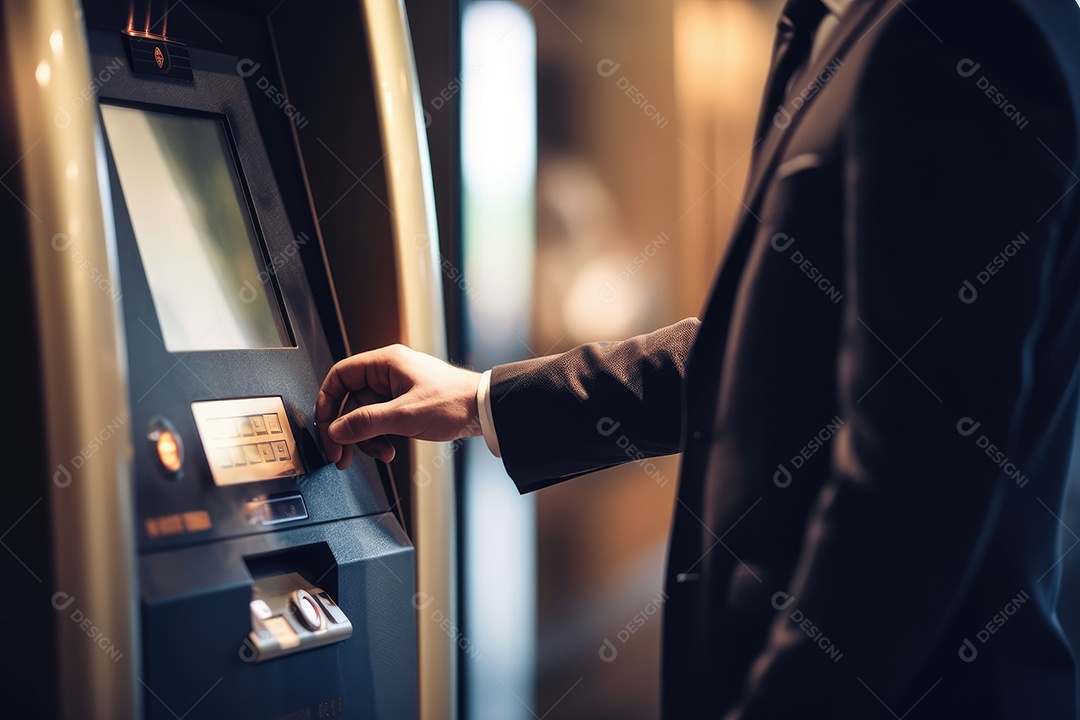 Homem interagindo com as mãos usando um caixa eletrônico no banco em um dia ensolarado