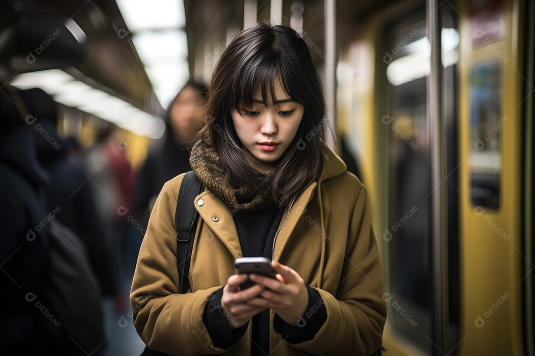 Mulher usando seu celular no metrô ao lado da janela