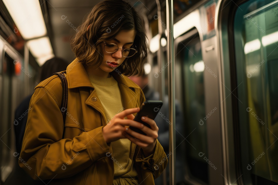 Mulher usando seu celular no metrô ao lado da janela