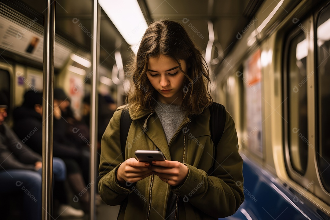 Mulher usando seu celular no metrô ao lado da janela
