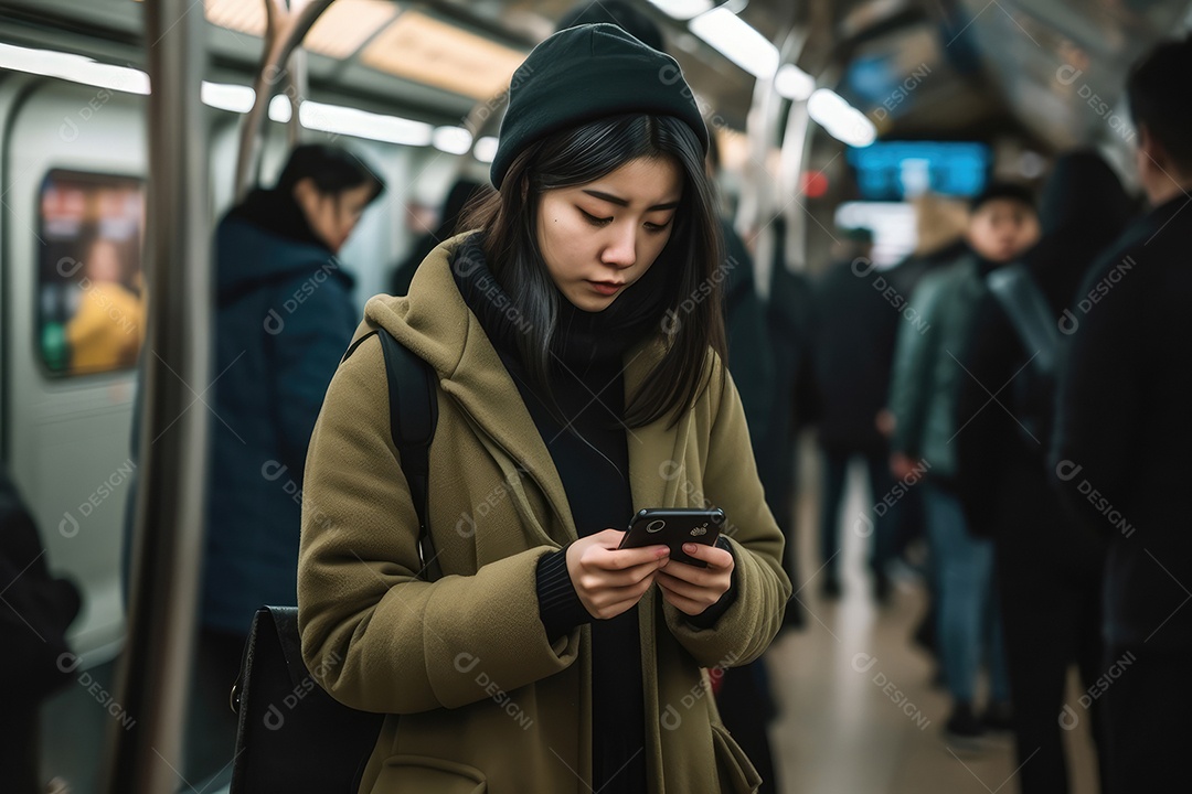 Mulher usando seu celular no metrô ao lado da janela