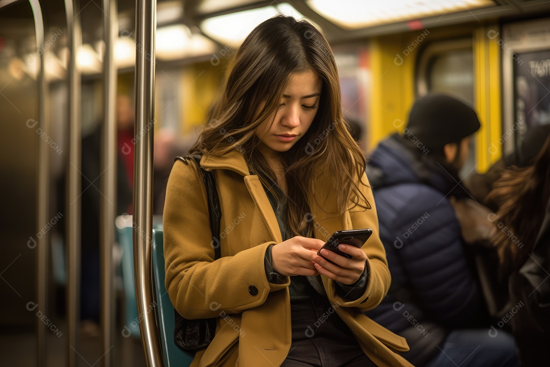 Mulher usando seu celular no metrô ao lado da janela