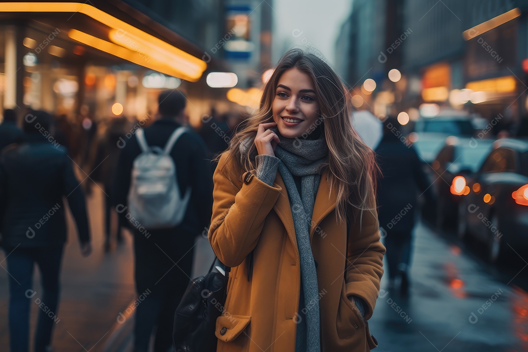 Empresária andando na calçada falando no celular no centro da cidade