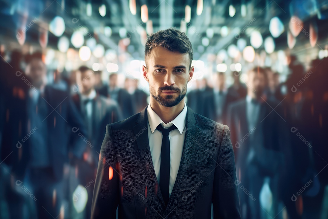 Homem de negócios andando na rua movimentada, movendo-se rapidamente pelo centro da cidade