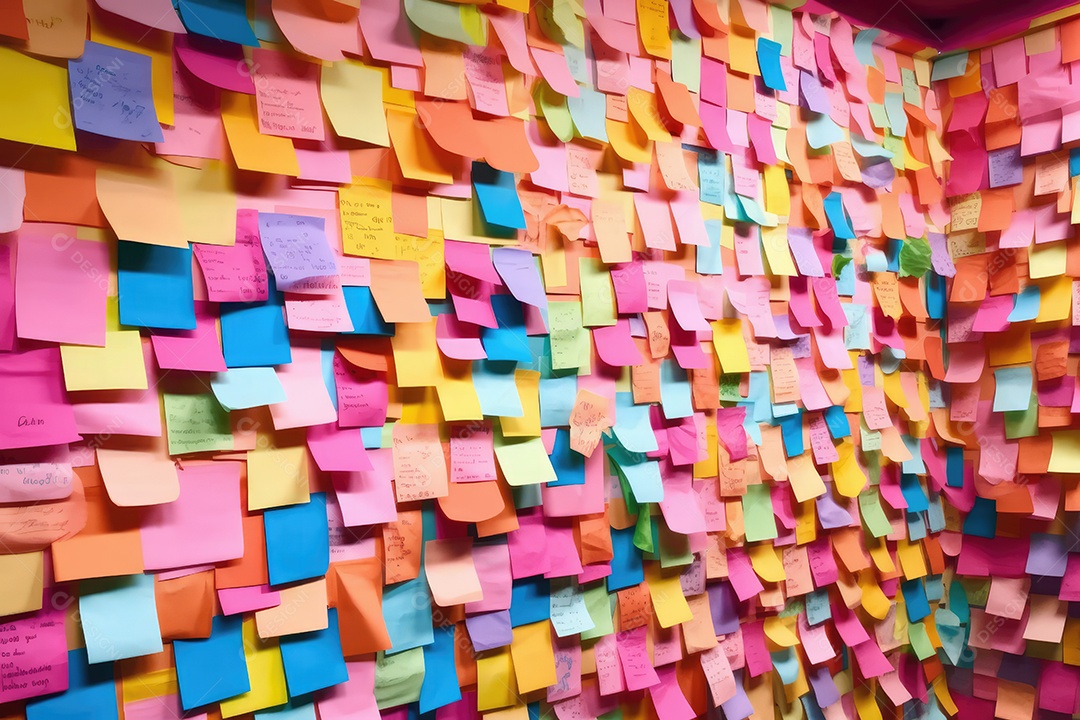 Parede cheia de papel post-it colorido colado para lembretes de rotina e trabalho