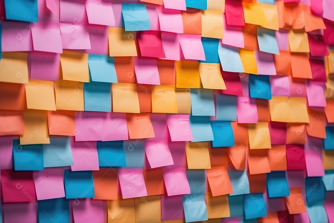 Parede cheia de papel post-it colorido colado para lembretes de rotina e trabalho
