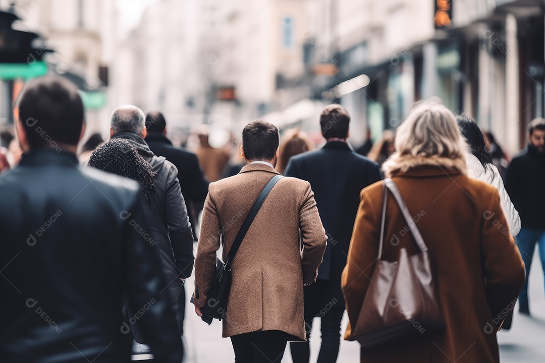 Multidão de pessoas andando na rua movimentada, movendo-se rapidamente pelo centro da cidade